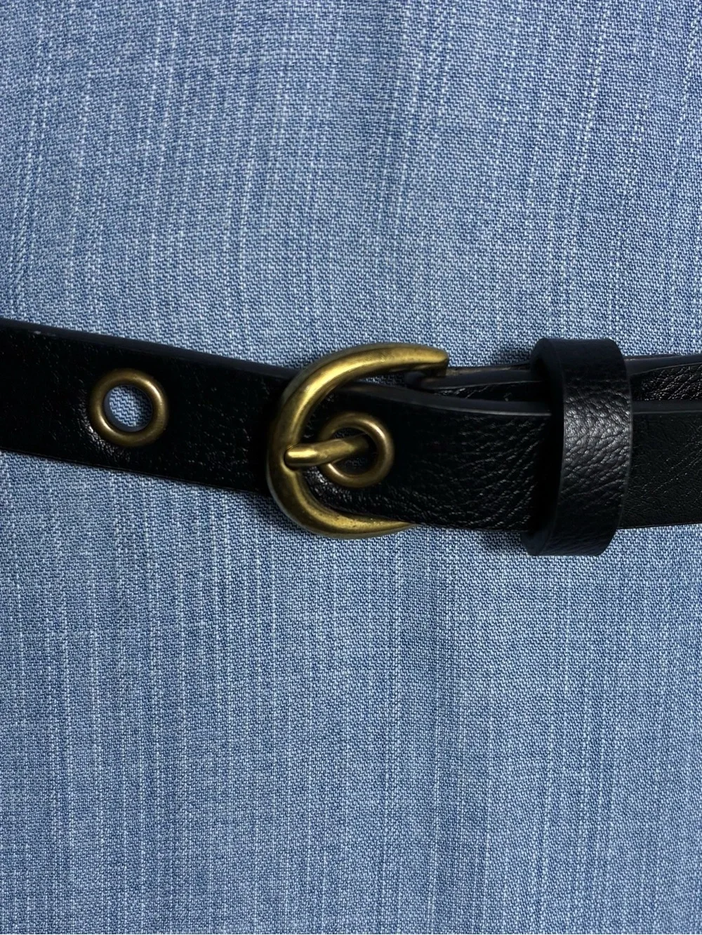 Womens belt 40” long Black Leather with Brass-Tone Buckle metal rings